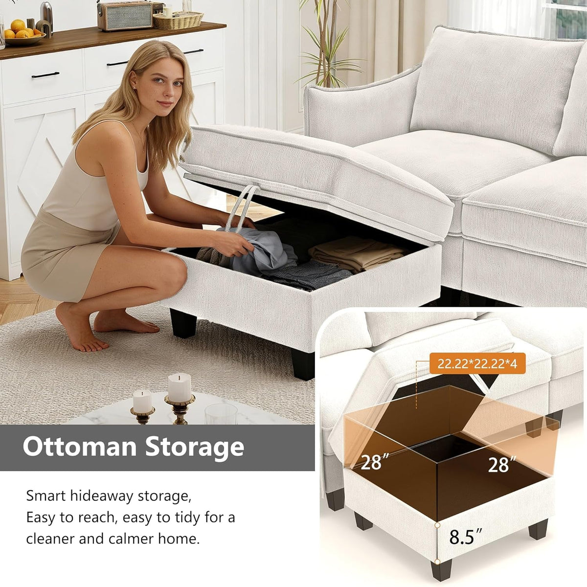 112-Inch Modular U-Shaped Sectional Beige Sofa Ottomans by ShipItFurniture