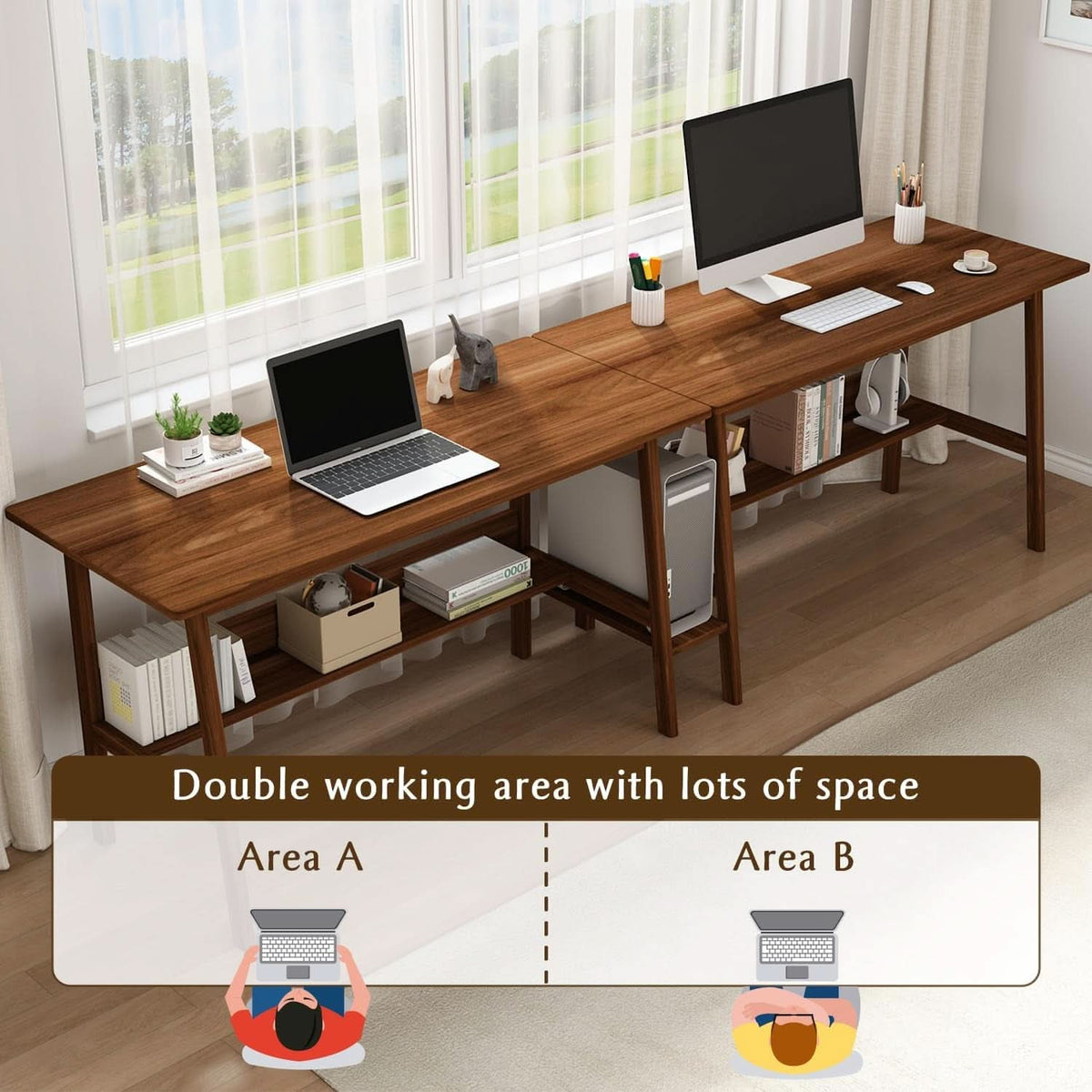 Two Person Desk Walnut 79 Inch Extended Workstation Shelves by ShipItFurniture