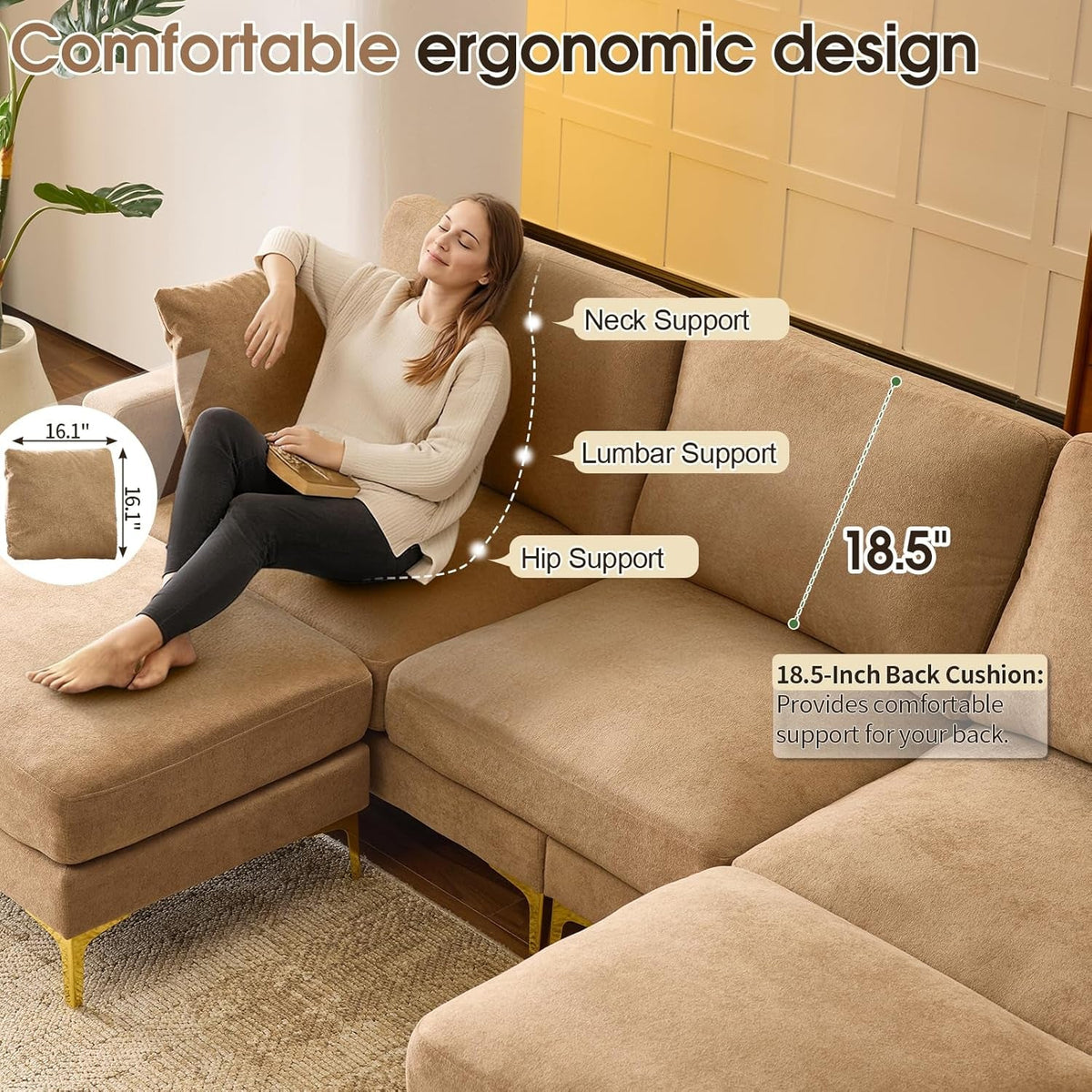 Khaki One Hundred Inch U Shaped Chenille Luxurious Couch by ShipItFurniture