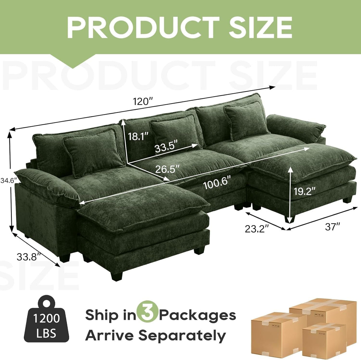 120 Inches Emerald Chenille Modular Sectional Sofa by ShipItFurniture