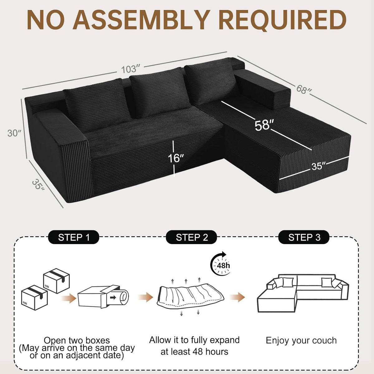 103 Inch Black Corduroy Premium Modular Sectional Sofa by ShipItFurniture