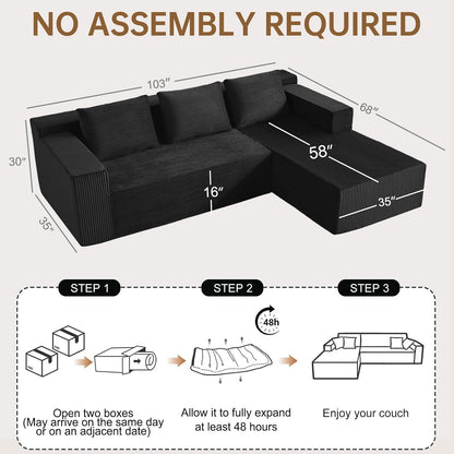 103 Inch Black Corduroy Premium Modular Sectional Sofa by ShipItFurniture