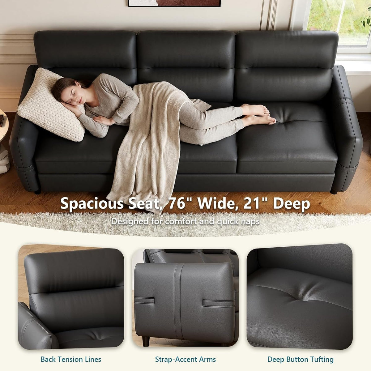 85Inch Black Faux Leather Executive Sofa USB Charging Ports by ShipItFurniture