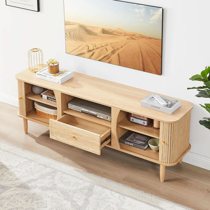 Natural Finish Entertainment Console With Sliding Door by ShipItFurniture