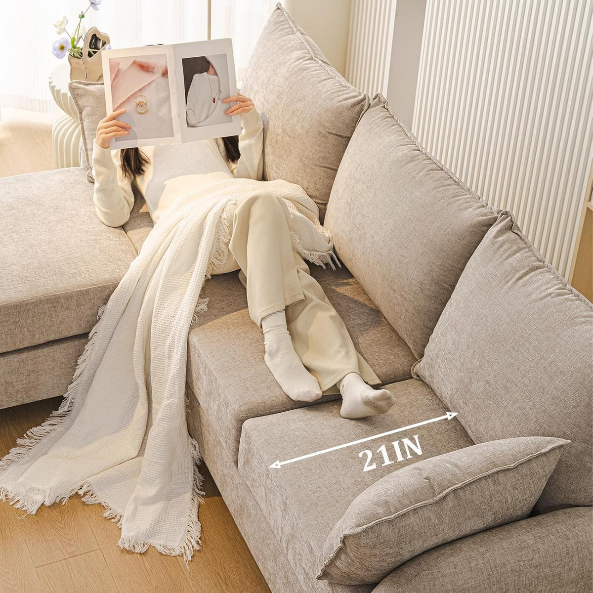 Eighty SixInch Length L Shaped Elegant Sectional Sofa Khaki by ShipItFurniture