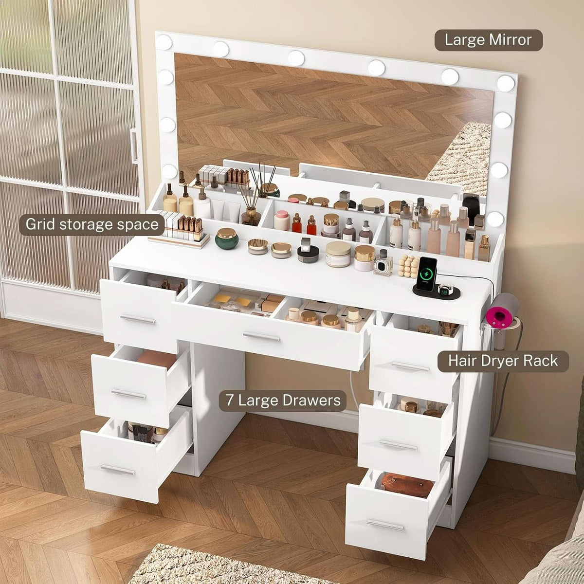 White Vanity Desk With Adjustable Illuminated Mirror by ShipItFurniture