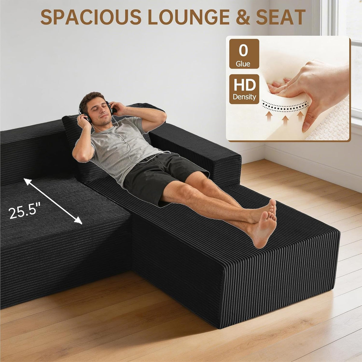 103 Inch Black Corduroy Premium Modular Sectional Sofa by ShipItFurniture