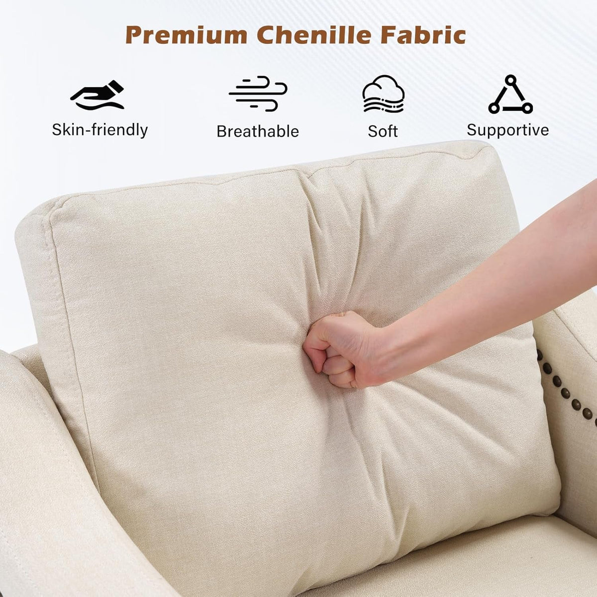Beige ThreeSeater Upholstered Sofa With Nailhead Trim by ShipItFurniture