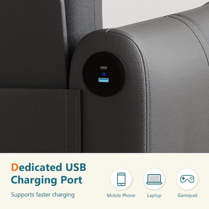 85Inch Black Faux Leather Executive Sofa USB Charging Ports by ShipItFurniture