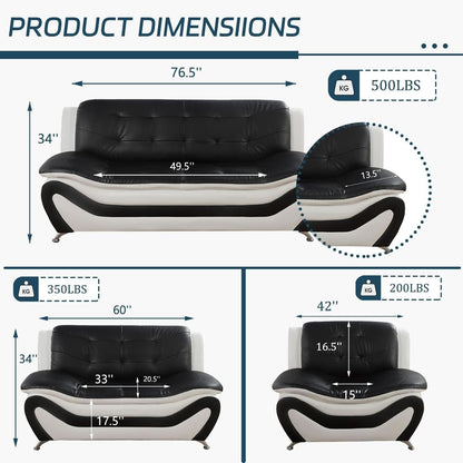 Vegan Leather Sofa Set 3 Piece Living Room Furniture White and Black by ShipItFurniture
