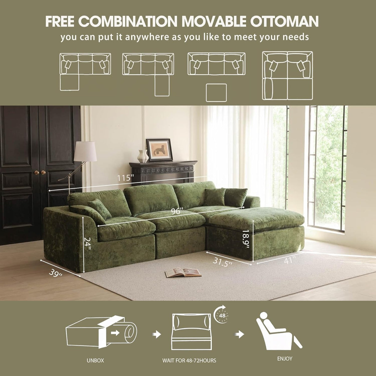 Forest Green Oversized 115 Inch Convertible Sectional by ShipItFurniture