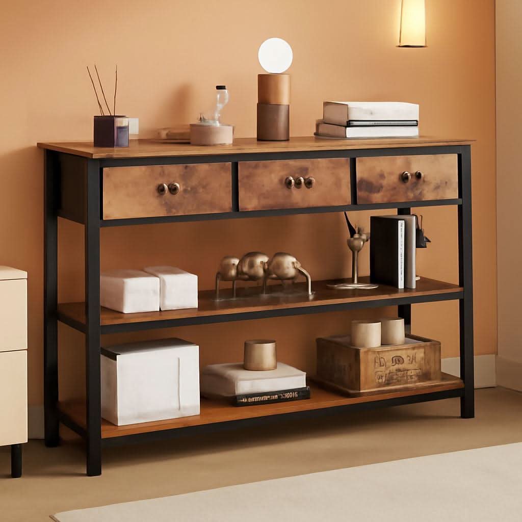 47-Inch Rustic Brown Console Table with 3 Drawers and Storage Shelves by ShipItFurniture