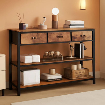 47-Inch Rustic Brown Console Table with 3 Drawers and Storage Shelves by ShipItFurniture