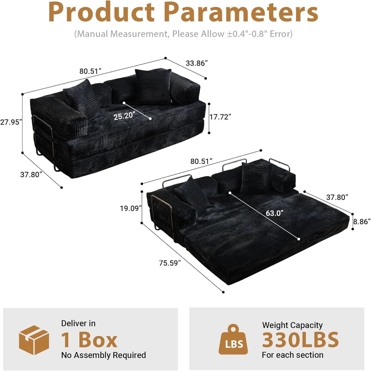 81 Inch Foldable Black Sofa Bed MemoryFoamContourPlus by ShipItFurniture