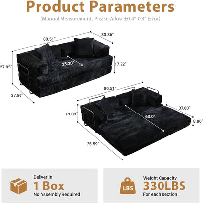 81 Inch Foldable Black Sofa Bed MemoryFoamContourPlus by ShipItFurniture