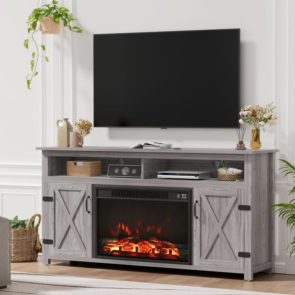 Rustic Fireplace TV Stand 65 Inch with Barn Doors Grey Wash by ShipItFurniture