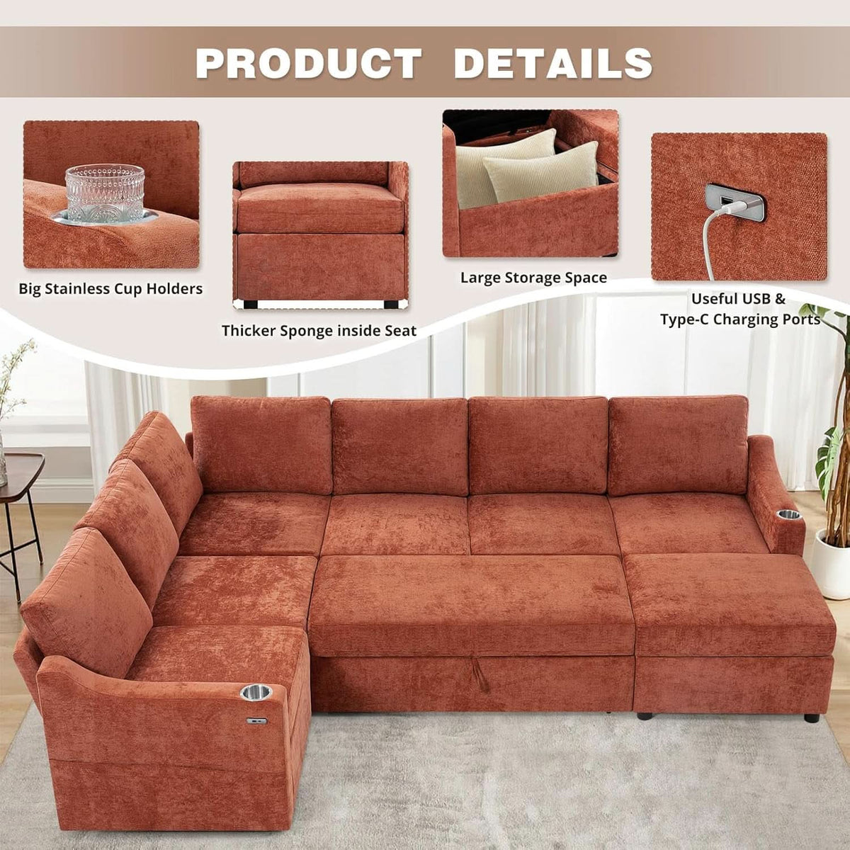 116Inch Orange Chenille Fabric Modular Sleeper Sofa USB by ShipItFurniture