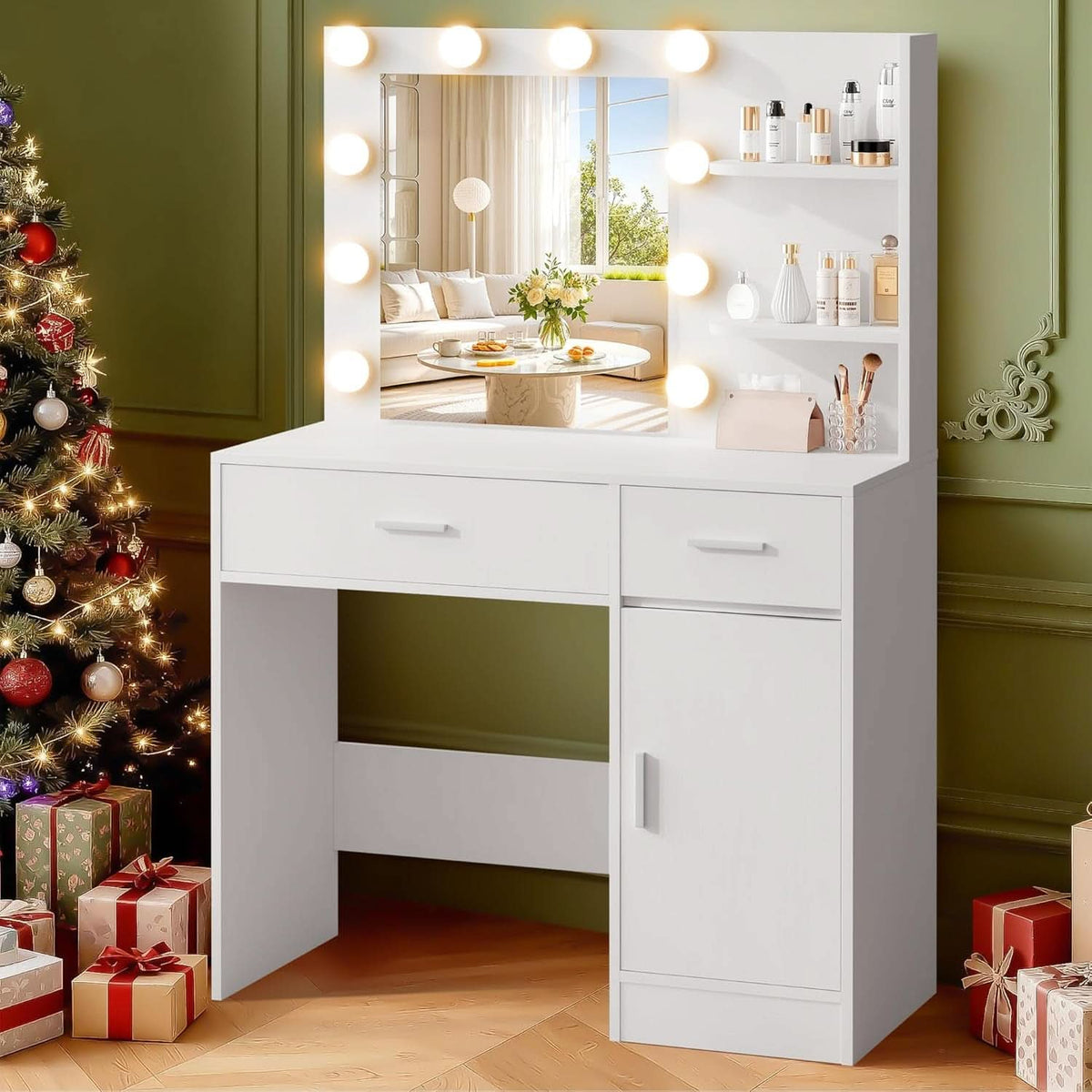 Luxurious White Vanity Desk Featuring Dimmable Mirror by ShipItFurniture