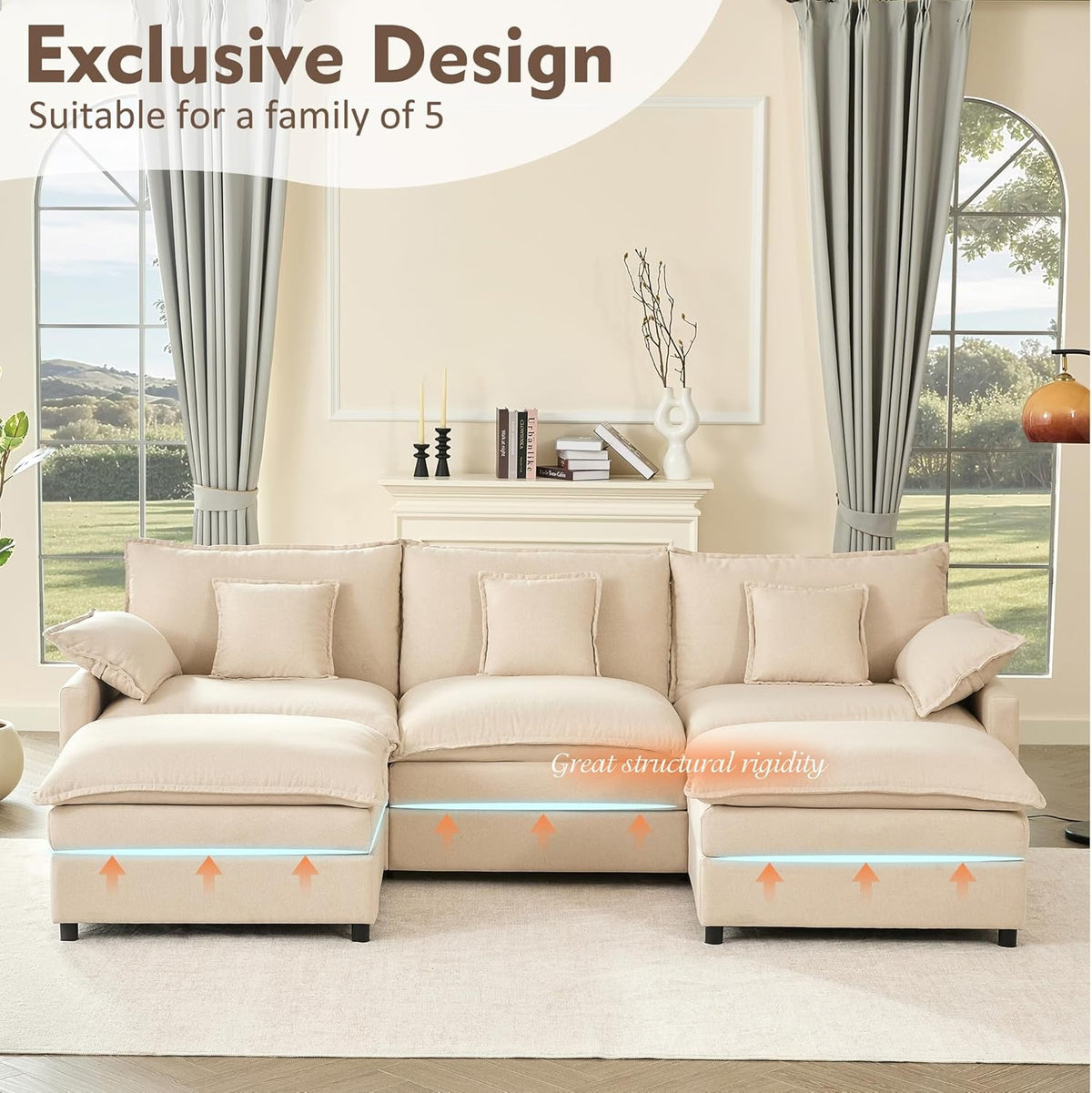 108-Inch U-Shaped Premium-Quality Sectional Sofa Beige by ShipItFurniture