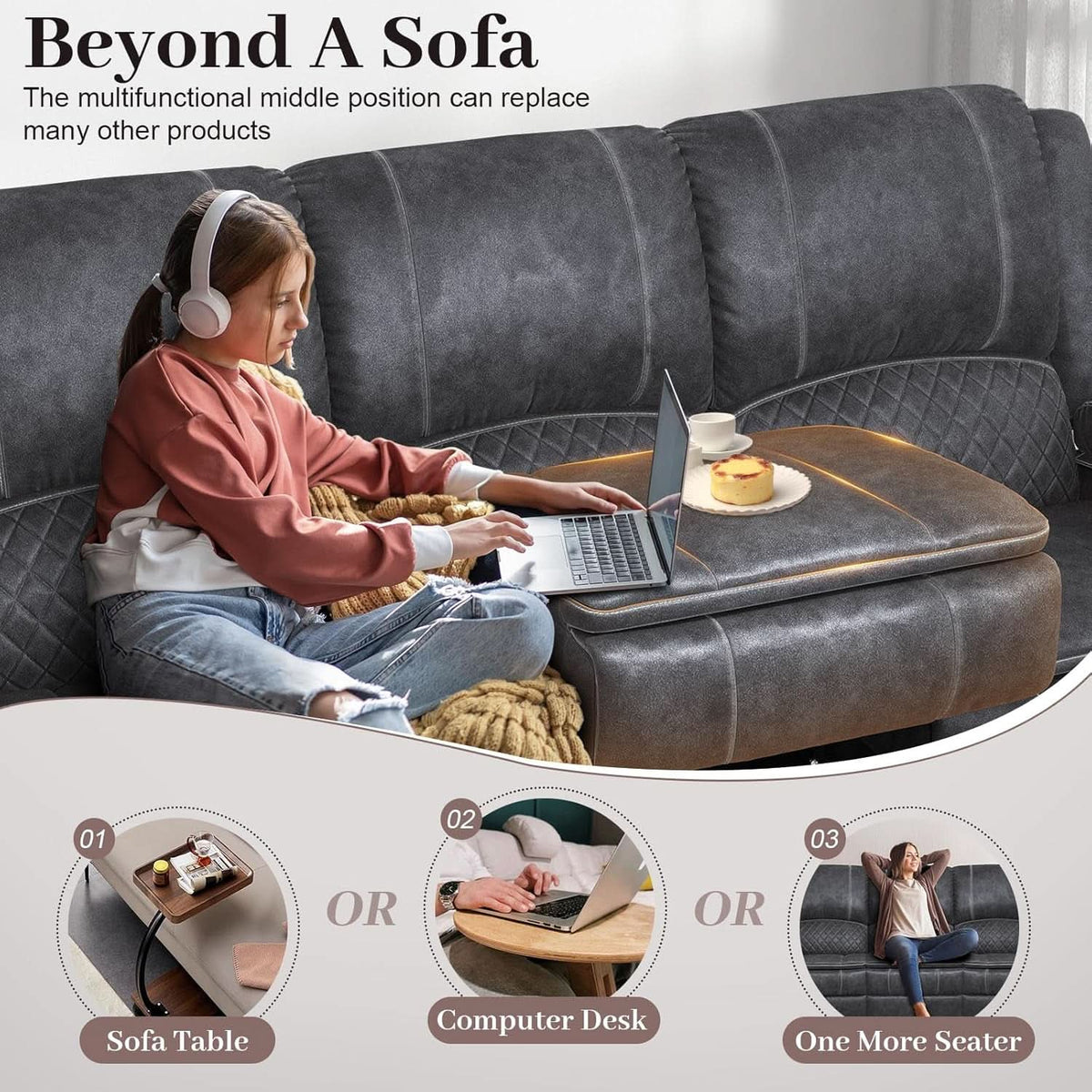 Grey Three Seater Manual Recliner Sofa Modern Living Room by ShipItFurniture