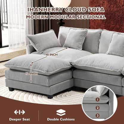 111 Inch L Shaped Modern Glam Sofa Sectional With Ottoman Cloud Foam Cushions Grey Chenille by ShipItFurniture