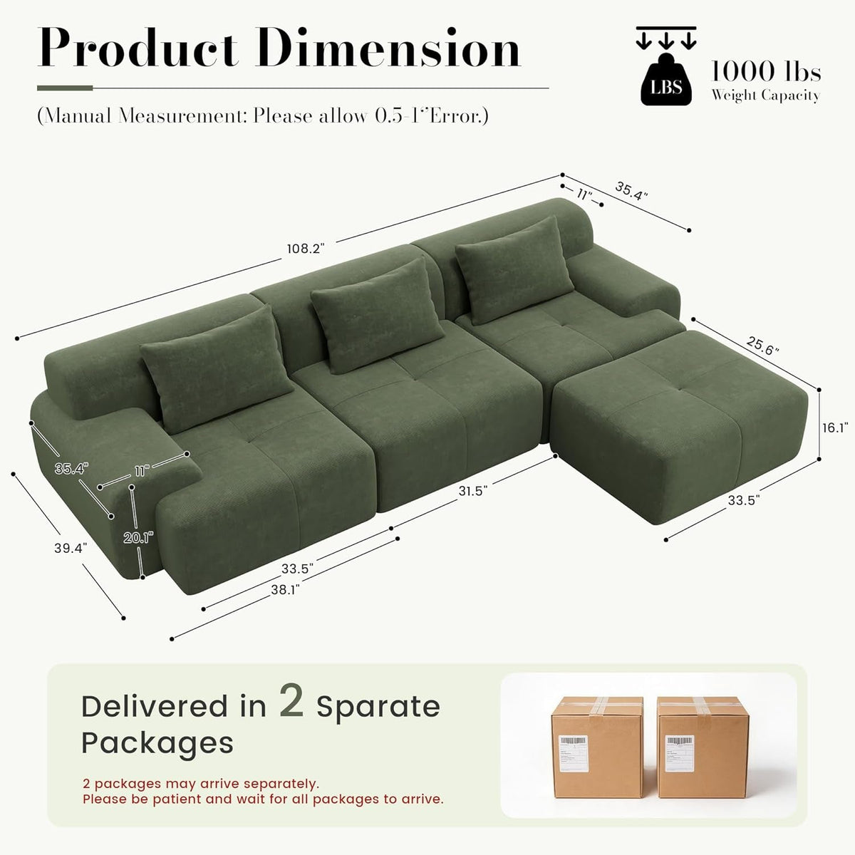 Green Corduroy 108 Inch Luxurious Sectional Sofa Set by ShipItFurniture