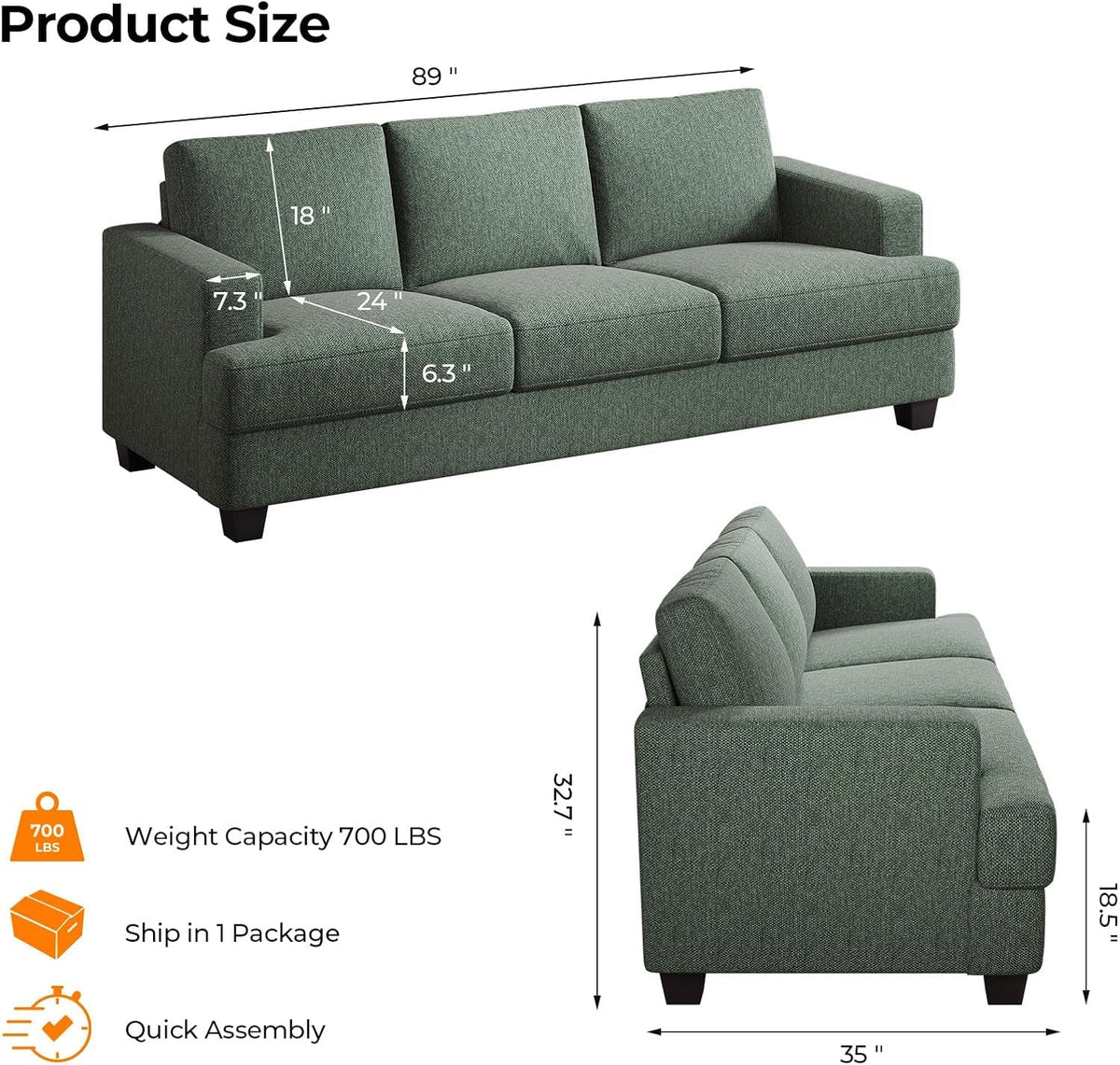 89Inch Sofa With ExtraDeep Seats Light Green Premium Fabric Upholstery by ShipItFurniture