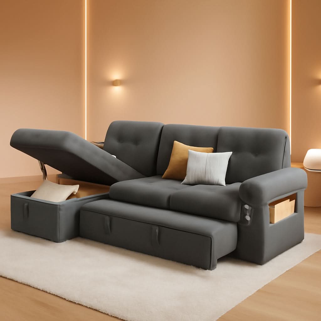 84 Inch Sleeper Sofa Bed Dark Grey Velvet With LED Storage by ShipItFurniture