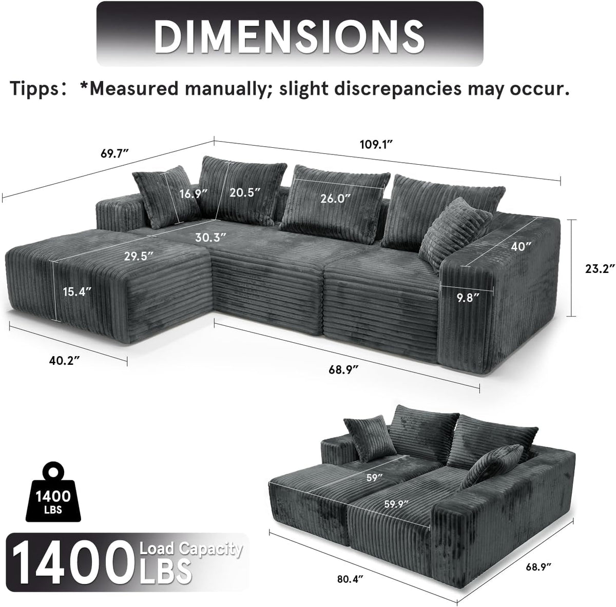 109-Inch L-Shaped Cloud Couch Modular Sectional Sofa by ShipItFurniture