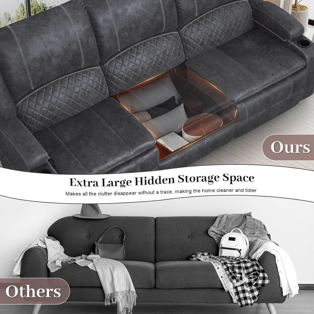 Grey Three Seater Manual Recliner Sofa Modern Living Room by ShipItFurniture