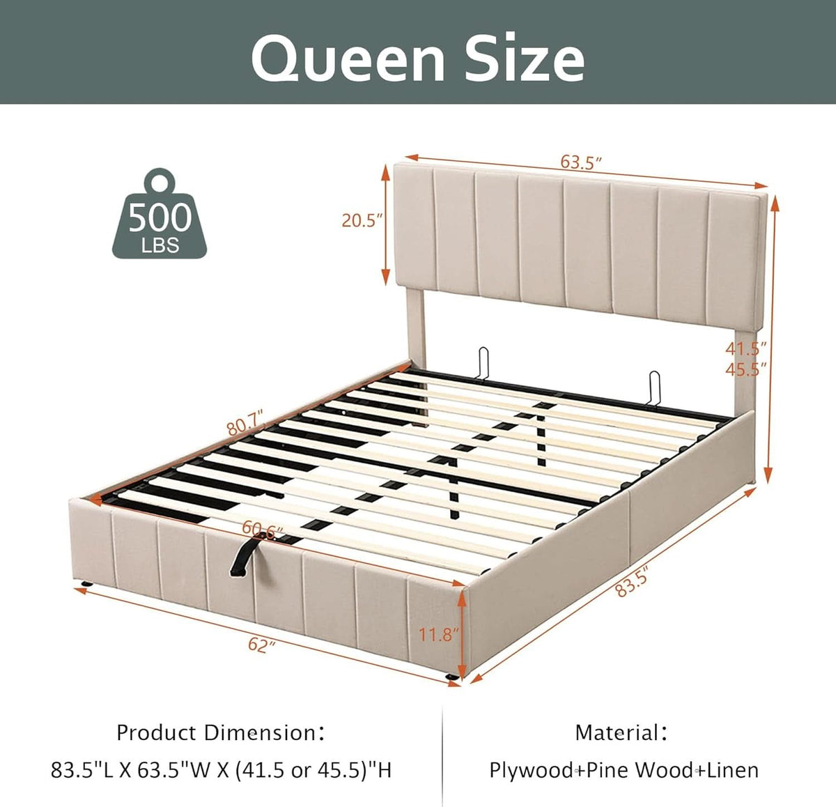 Gas Lift Storage Platform Bedframe Queen Upholstered by ShipItFurniture