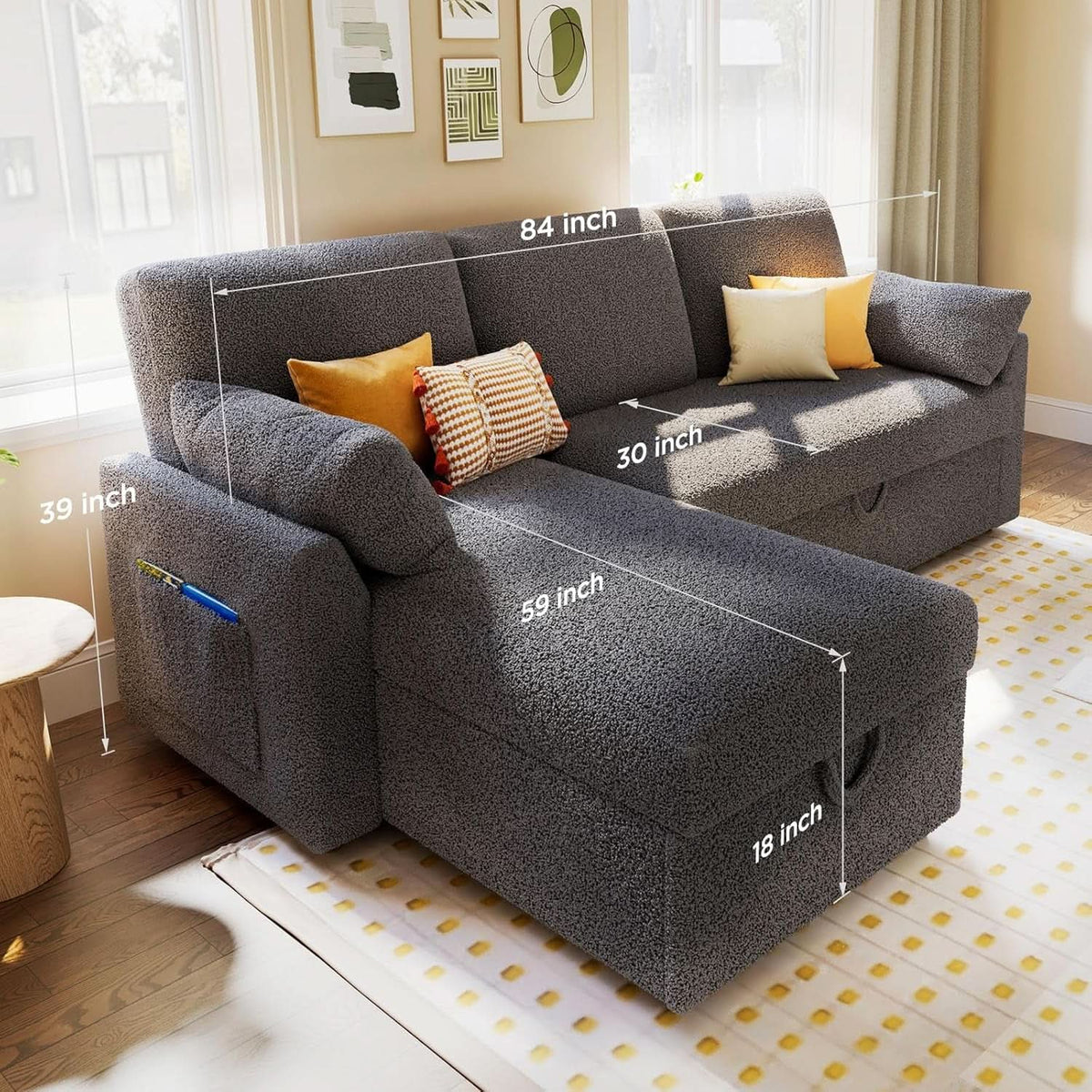 Grey Boucle Upholstered Convertible Sofa Bed Storage by ShipItFurniture