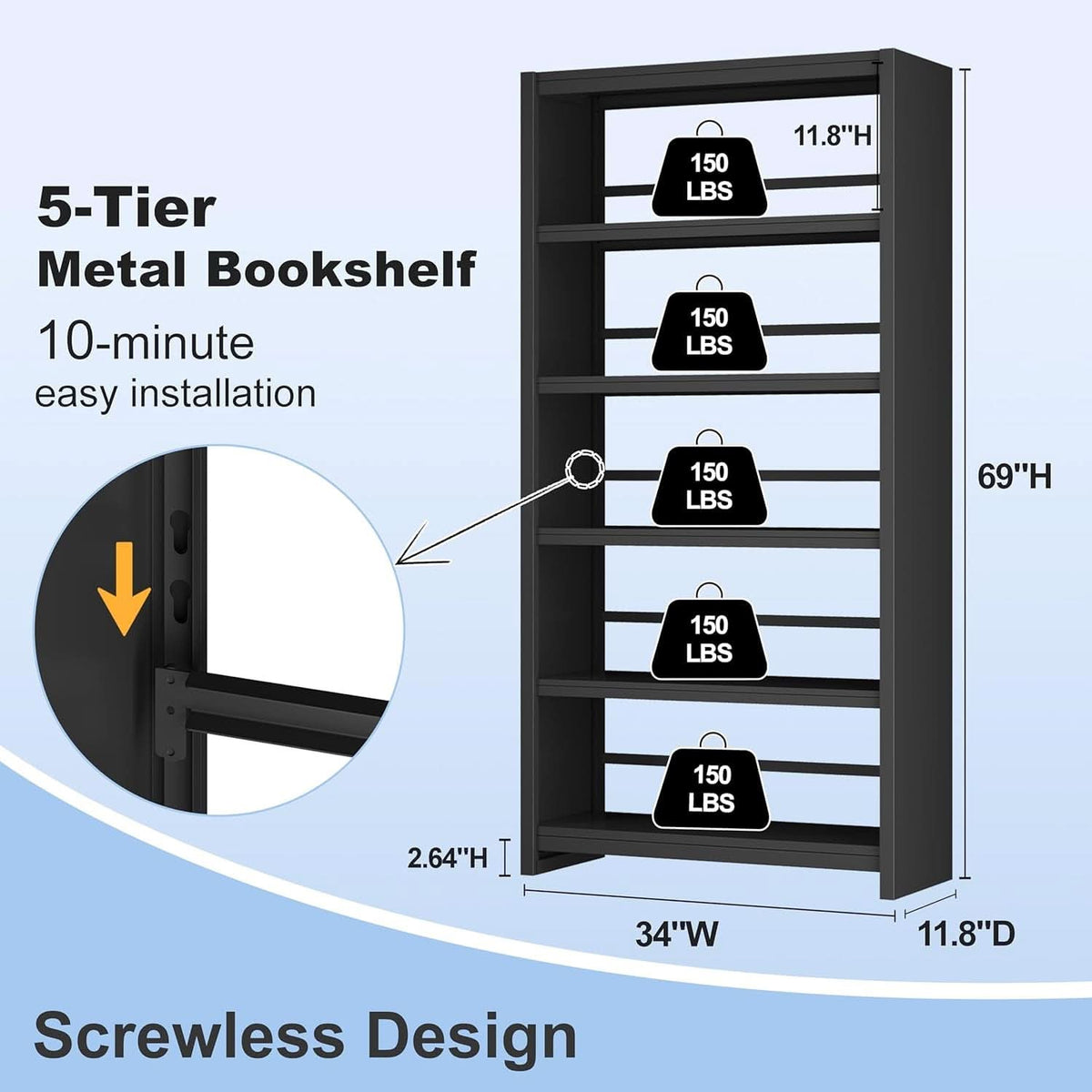 All Metal Five Tier Bookcase Matte Black Industrial by ShipItFurniture