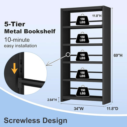 All Metal Five Tier Bookcase Matte Black Industrial by ShipItFurniture
