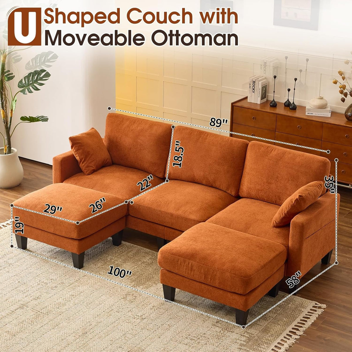 One HundredInch U Shaped Sofa Plush Chenille Ottoman Orange by ShipItFurniture