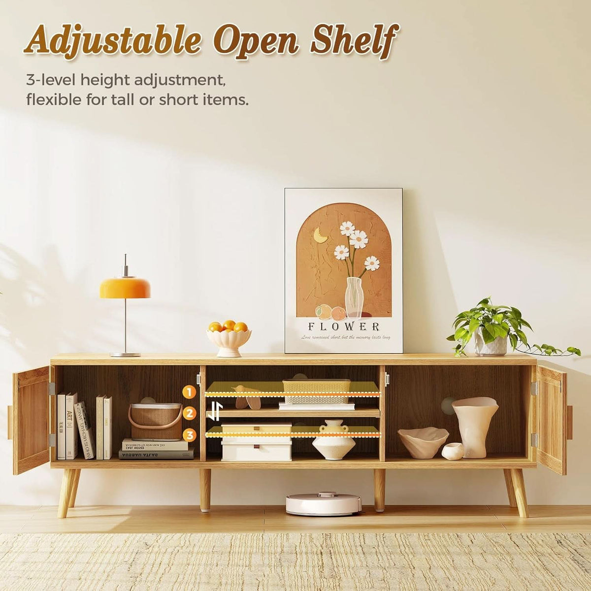 65 Inch Boho TV Stand With Rattan Entertainment Center by ShipItFurniture