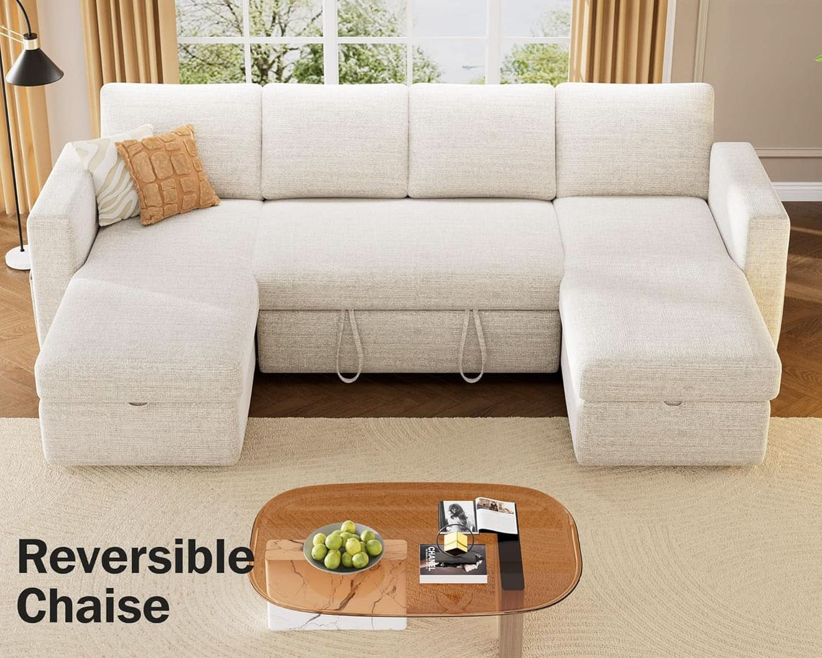 105Inch UShaped SectionalSofa With Pullout Bed Beige by ShipItFurniture
