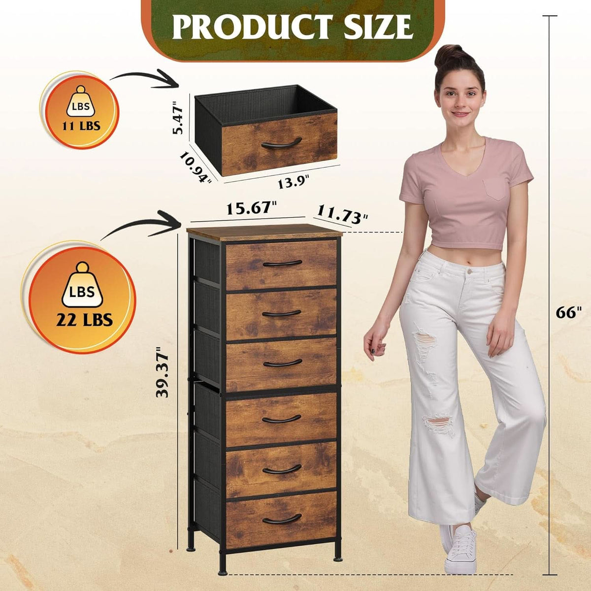 Tall Fabric Dresser With 6 Drawers And Wood Top Rustic Brown by ShipItFurniture
