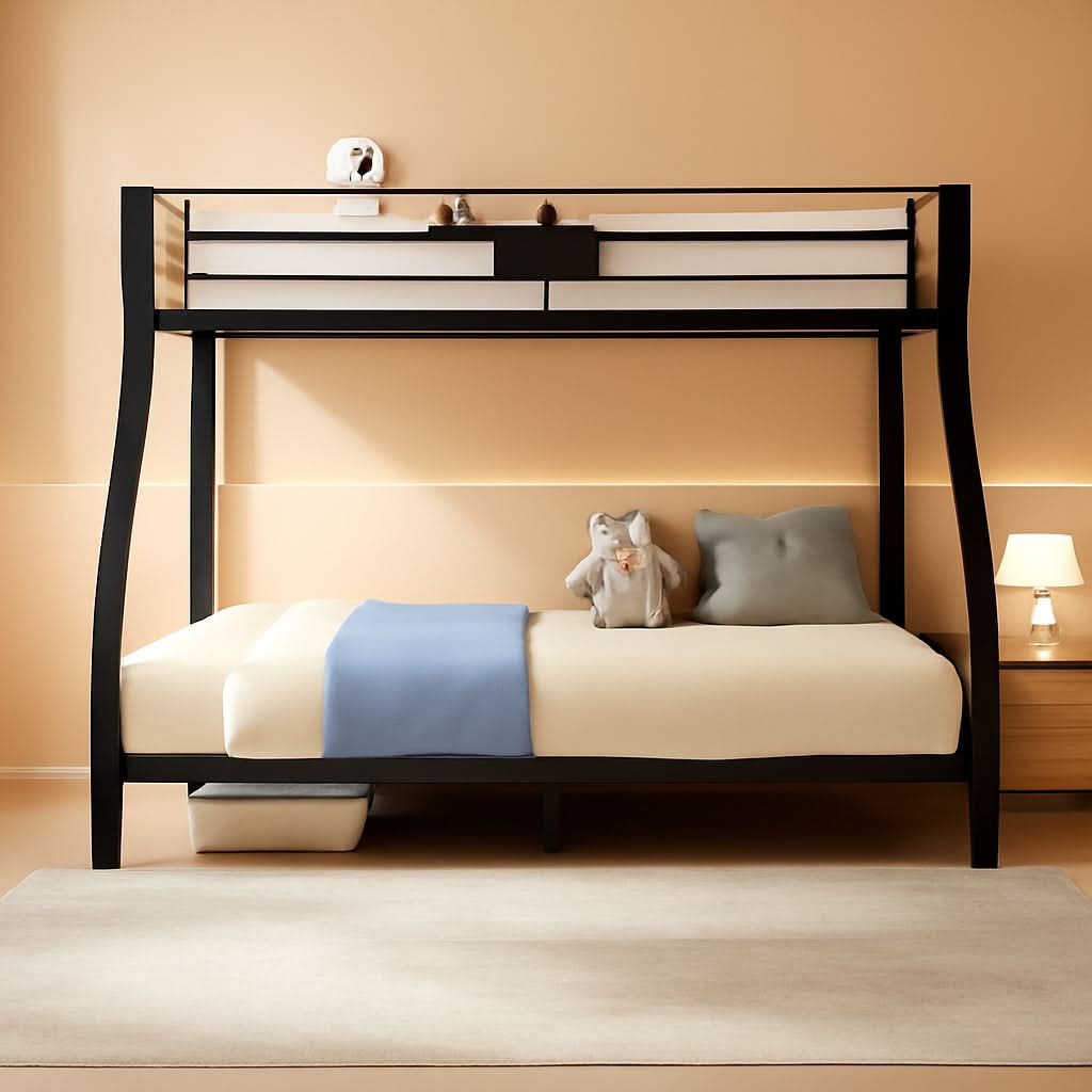 Twin XL Queen Bunk Bed In Sandy Black Finish Metal Slats by ShipItFurniture