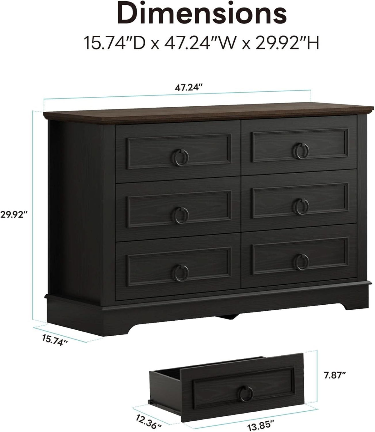 Black FortySevenPointTwoInch Wide Six Drawer Dresser by ShipItFurniture