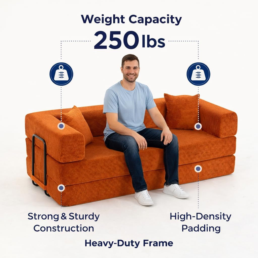 76 Inch Corduroy Premium Futon Sofa Bed For Small Spaces Orange by ShipItFurniture