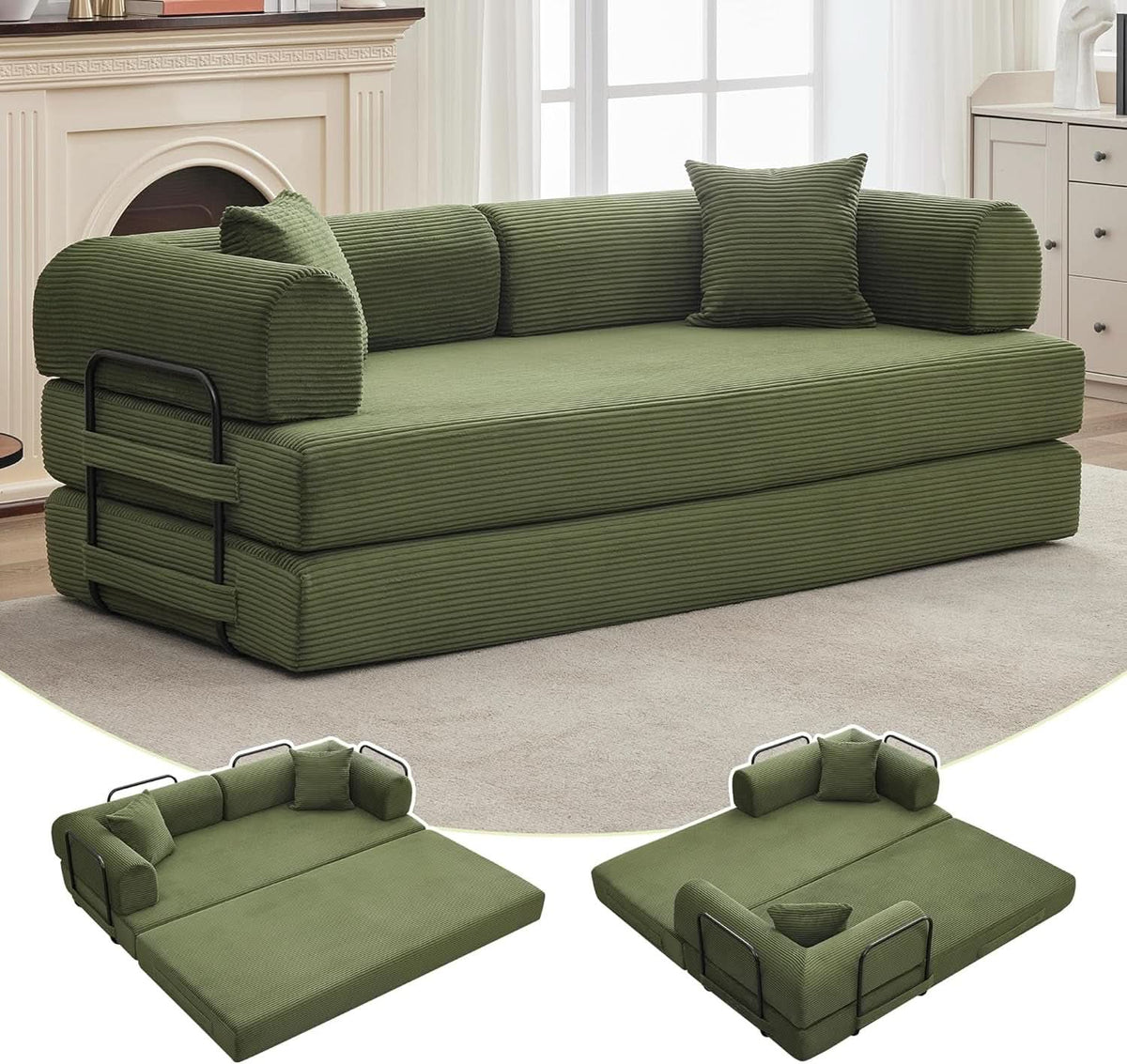 Corduroy Green 79 Inches Inter changeable Plus Sofa Bed by ShipItFurniture