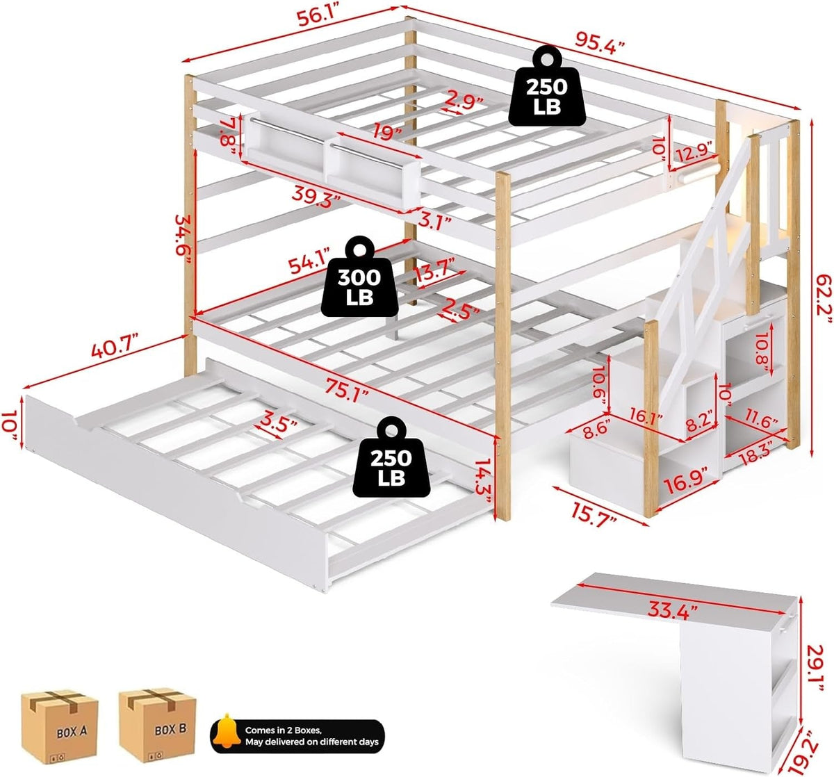 Full Over Full Bunk Bed White Wood Finish Trundle Storage by ShipItFurniture