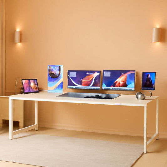 80 Inch White Computer Desk With Storage Metal Frame by ShipItFurniture