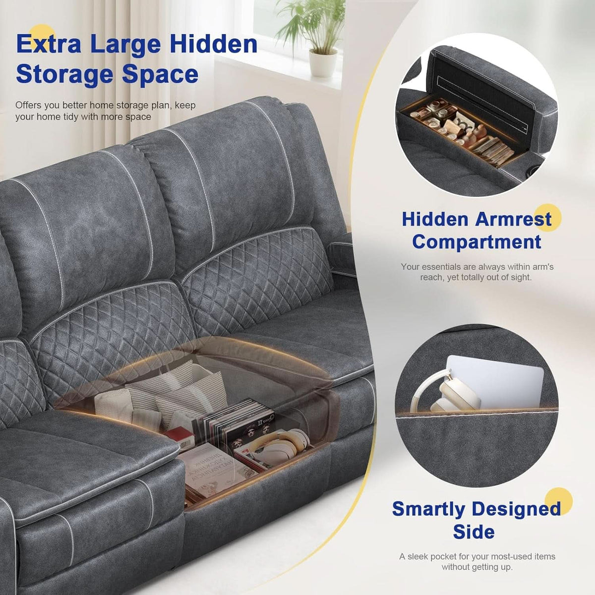 Grey Velvet 3 Seater Recliner Sofa With USB Ports Storage by ShipItFurniture