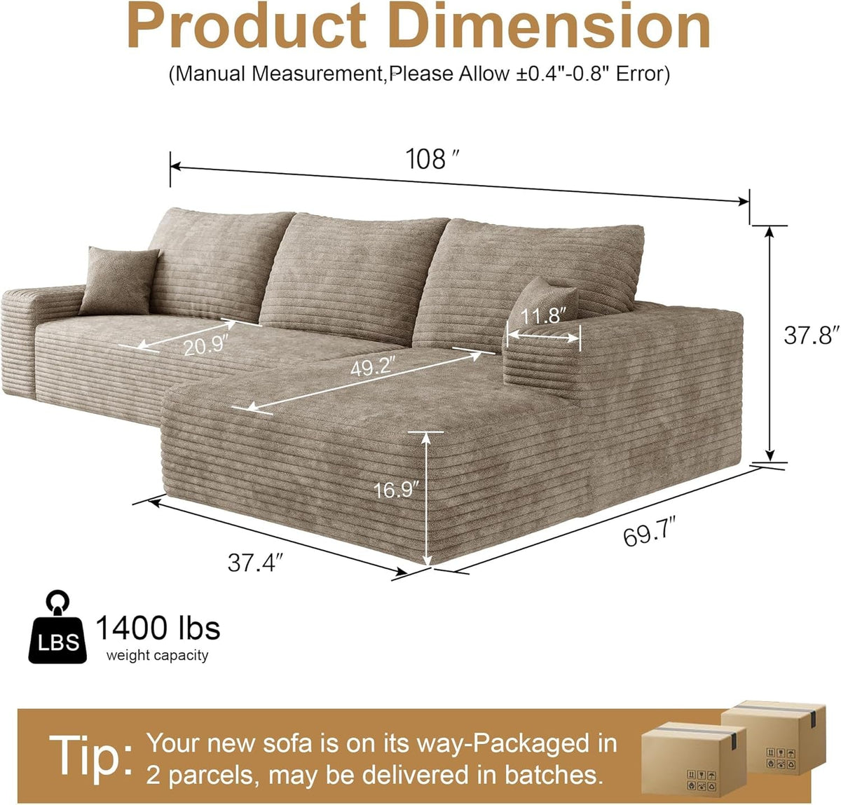 Camel 108-Inch Corduroy L-Shaped Sectional Sofa Chaise by ShipItFurniture