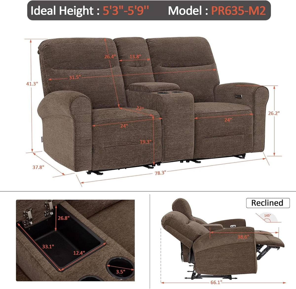78 Inch Wall Hugger Power Loveseat USB Ports Dark Brown by ShipItFurniture
