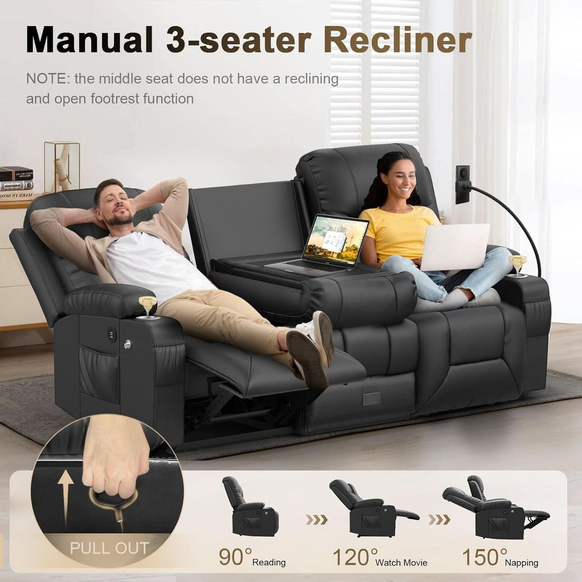 Three Seat Recliner Sofa With Flip Backrest And USB Ports by ShipItFurniture