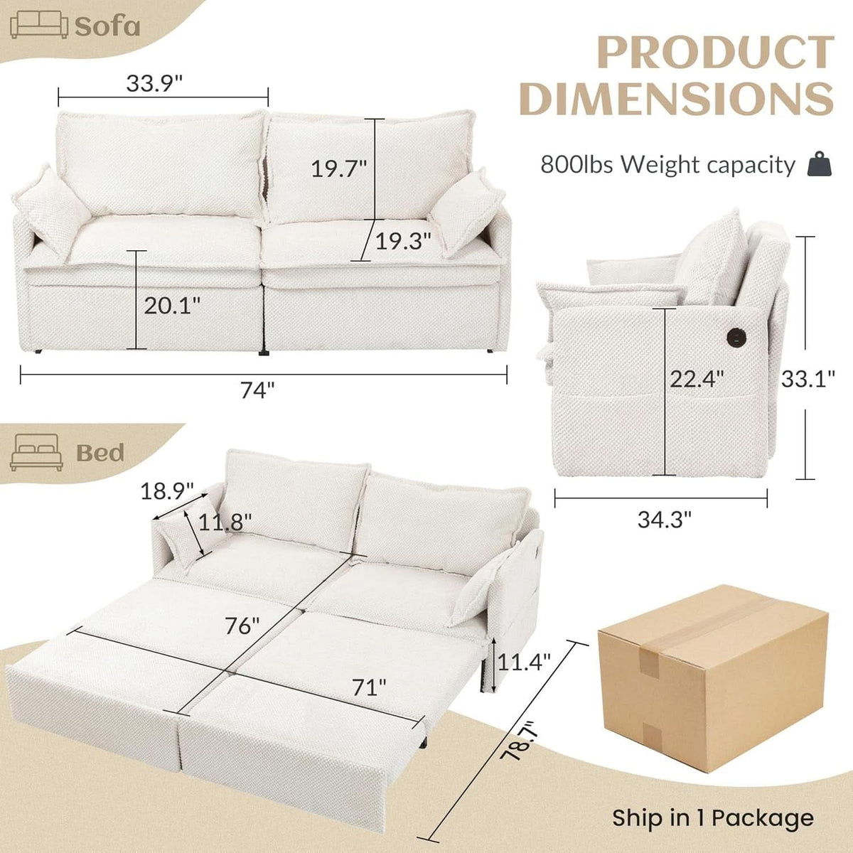 Convertible King Sofa Bed with USB Charging and Pockets by ShipItFurniture