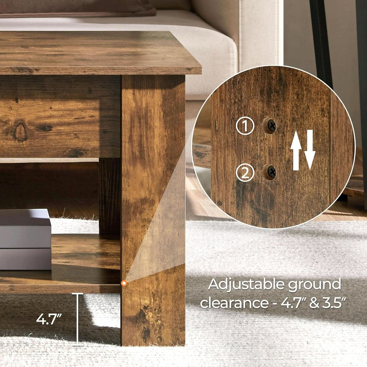 Coffee Table 47.5 Inch Lift Top With Hidden Compartment Rustic Brown by ShipItFurniture